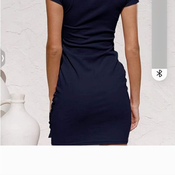 Navy drape tie waist short sleeve dress - Picture 4 of 4